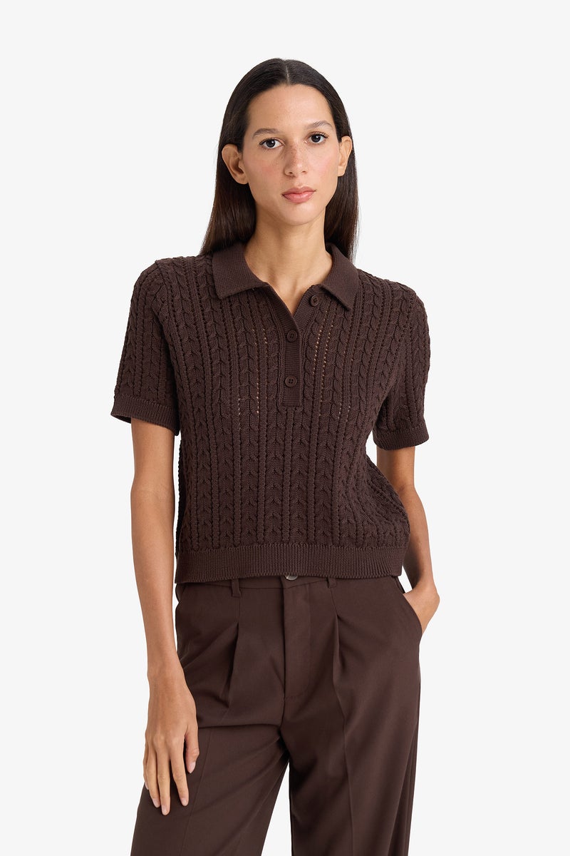 DeFacto Brown Woman Regular Fit Polo Collar Knitwear Pullover Casual - Image 3